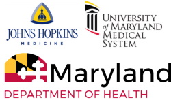 Logos of University of Maryland Medical System, Johns Hopkins Medicine and Maryland Department of Health