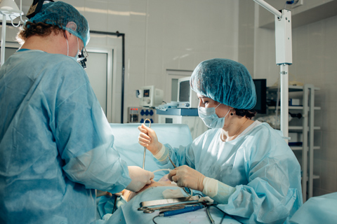 Two physicians performing breast reconstruction surgery
