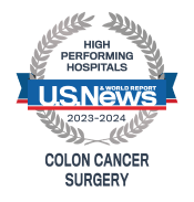 A high performing hospitals badge from U.S. News & World Report awarded to UM Marlene & Stewart Greenebaum Comprehensive Cancer Center for colon cancer surgery.