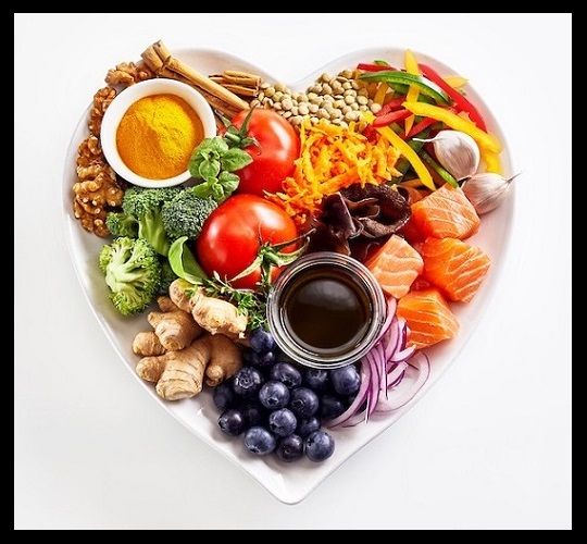 Heart-shaped plate of healthy foods