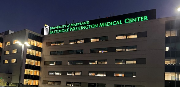 University of Maryland Baltimore Washington Medical Center green sign on top of building