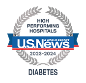 A high performing hospitals badge from U.S. News & World Report awarded to UM Capital Region for diabetes treatment.