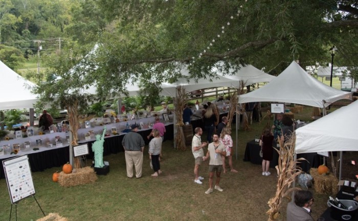 wine tasting event with tents and vendor tables and people standing around