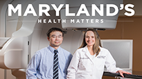 The cover of the spring 2022 issue of Maryland's Health Matters with a man and a woman standing in front of a medical machine.