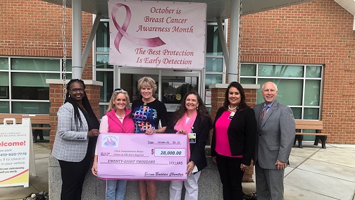 Six people stand in front of a sign that reads, "October is Breast Cancer Awareness Month. The Best Protection is Early Detection."