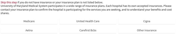 Step 1: select insurance or continue without insurance