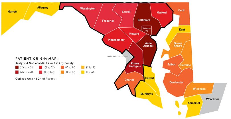 A depiction of the different counties in Maryland serviced by UMGCCC