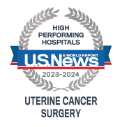 A high performing hospitals badge from U.S. News & World Report awarded to UM Greenebaum Comprehensive Cancer Center for uterine cancer surgery.