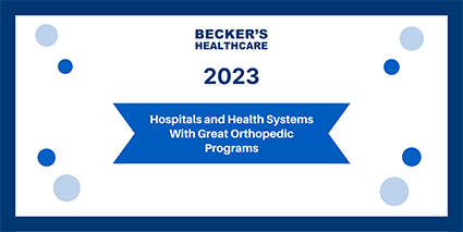 A badge from Becker's Healthcare nationally ranking the University of Maryland Medical Center's orthopedic program in the top 100 in 2023.