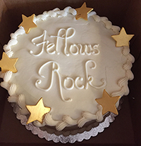 Cake with "Fellows Rock" written on it