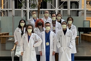 Pathology residents standing in a group in University of Maryland Medical Center lobby.