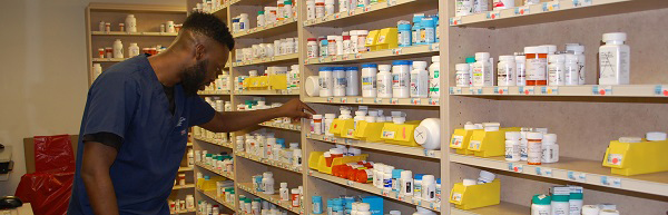 Pharmacy technician looks for medications on shelves