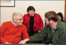 Photo of kidney recipient David Feldman (left) meeting his donor, Court Blatchford