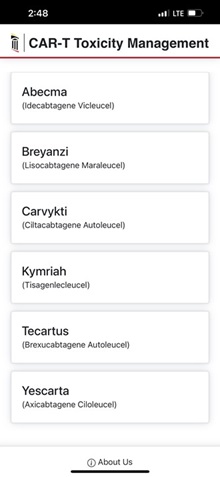 A Mobile Optimized app showing FDA inserts of six CAR-T drugs