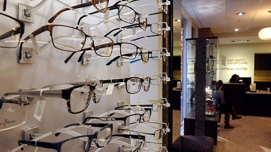 Glasses in a display case