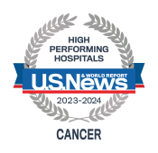 A high performing hospitals badge from U.S. News & World Report awarded to UM Marlene & Stewart Greenebaum Comprehensive Cancer Center for cancer procedures.