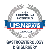 A high performing hospitals badge from U.S. News & World Report awarded to UMMC for gastroenterology and GI surgery.