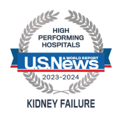 A high performing hospitals badge from U.S. News & World Report awarded to UMMC for kidney failure procedures.