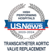 A high performing hospitals badge from U.S. News & World Report awarded to UMMC for transcatheter aortic valve replacement.