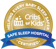 A Cribs for Kids badge denoting UM Baltimore Washington Medical Center as a certified "Safe Sleep Hospital."