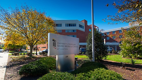 An exterior photo of UM Shore Medical Center at Easton and its sign