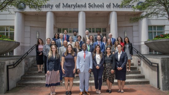 2024-2025 otorhinolaryngology residents, leadership and faculty in front of the University of Maryland School of Medicine