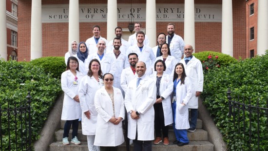 Faculty and fellows of the UM Pulmonary and Critical Care Medicine Fellowship pose in front of Davidge Hall.